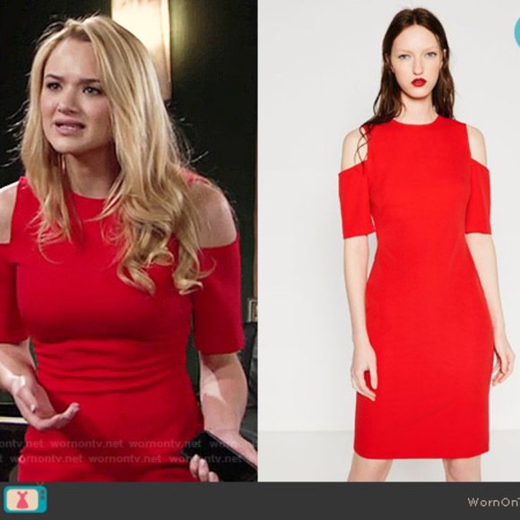 Zara red cold shoulder stretch sheath dress, M NWT - Picture 2 of 10